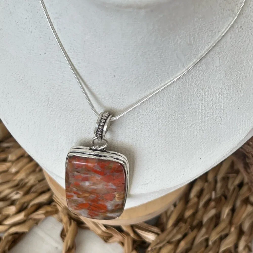 Vintage Large Sterling Silver 925 Red Jasper Pendant 925 Rope Chain Necklace